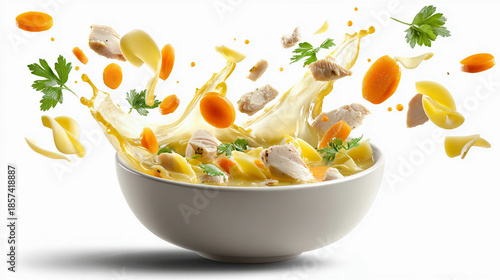 Chicken noodle soup with vegetables and broth splashing from a bowl, isolated on white