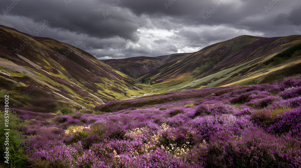 Obraz premium grampian. A vast landscape of mountains covered in blooming purple heather under a moody sky. travel magazines, destination branding, designed for travel destination branding, used by photographers.