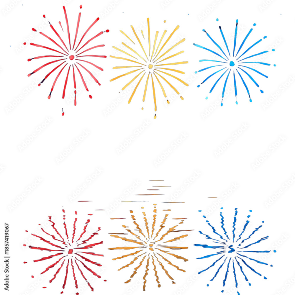 Obraz premium Vibrant watercolor fireworks illuminate the sky and reflect with brilliant colors, capturing a festive and joyous celebration, perfect for various holiday and event designs