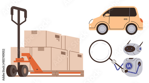Robot with magnifying glass inspecting boxes on hand pallet jack near orange delivery car. Ideal for logistics, AI, automation, shipping, warehousing, delivery, supply chain, simple flat metaphor