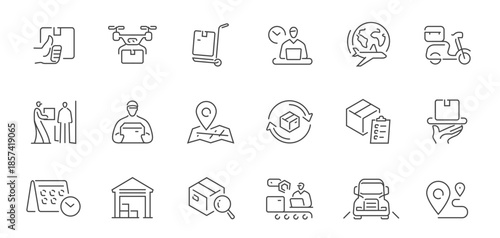 Delivery set of icons in line style. Fast shipping, tracking order linear symbols collection. Logistics service concept