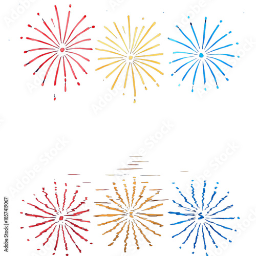 Vibrant watercolor fireworks illuminate the sky and reflect with brilliant colors, capturing a festive and joyous celebration, perfect for various holiday and event designs