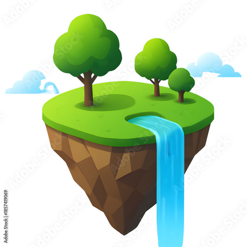 Vibrant isometric fantasy floating island illustration with lush green trees, a dramatic waterfall, and serene clouds, portraying an idyllic and whimsical natural environment