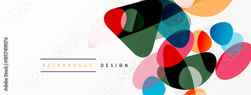 Abstract colorful shapes overlap white space. Modern design elements create dynamic visual texture. Background suggests creativity, innovation.