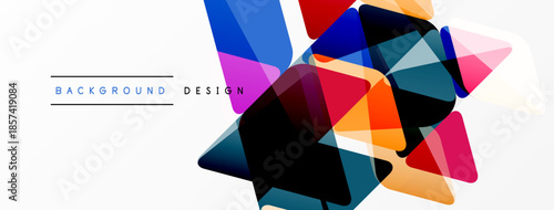 Abstract colorful polygons overlap, creating dynamic visual effect. White space provides clean background for design elements.