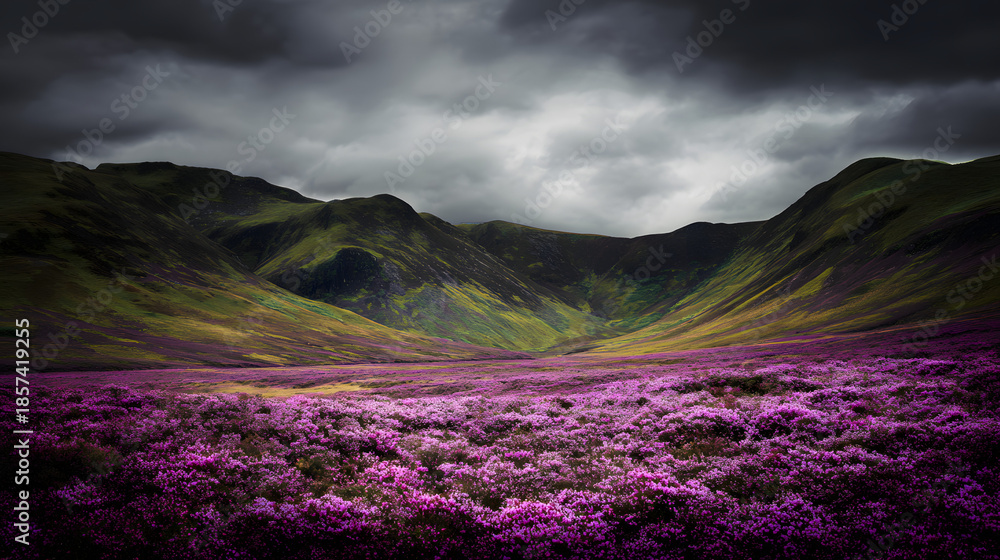 Obraz premium grampian. A vast landscape of mountains covered in blooming purple heather under a moody sky. travel magazines, destination branding, designed for travel destination branding, used by photographers.