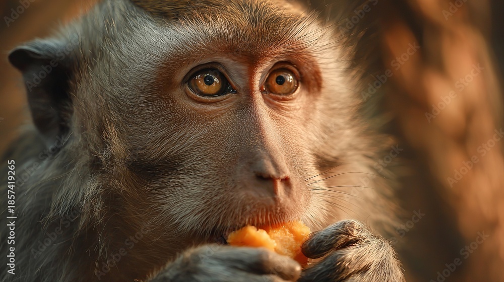 Obraz premium Close-up of a monkey eating a piece of fruit, showcasing its expressive eyes and detailed fur in warm lighting.