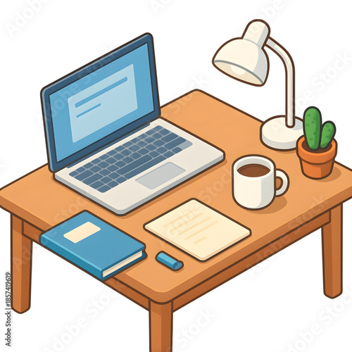 Isometric illustration of a desk with a laptop, book, lamp, and coffee for remote work or study