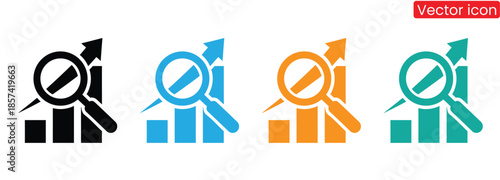 Set of vibrant vector icons featuring magnifying glasses on graphs and charts, symbolizing business analysis and data research