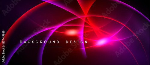 Abstract design features vibrant curves, glowing lines. Purple, red hues dominate dark background. Modern, dynamic visual presentation.