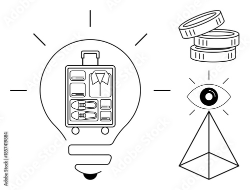Travel planning, innovation, financial management, vision, organization, future opportunities. Light bulb with suitcase, coins eye and pyramid objects. Travel planning and innovation concept