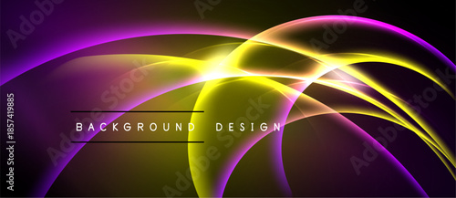 Abstract dynamic lines, vibrant purple, yellow hues. Modern design, smooth gradients, dark background creates striking visual effect.