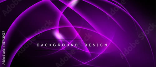 Purple abstract lines create dynamic background. Smooth curves, glowing effect, modern design elements present. Dark shades dominate composition.
