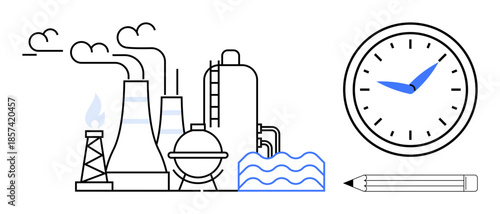 Time management, productivity, efficiency, industrial processes, planning, resource allocation. Factory with chimneys, clock pencil and water waves. Productivity and time management concept