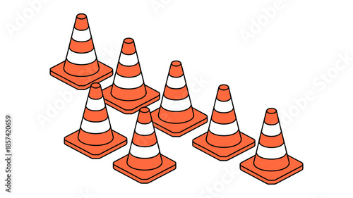 An illustration showing a group of seven bright orange traffic cones with white stripes