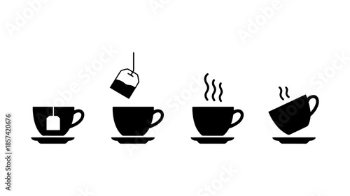 A conceptual sequence illustrating the steps of making hot tea in four black silhouette icons