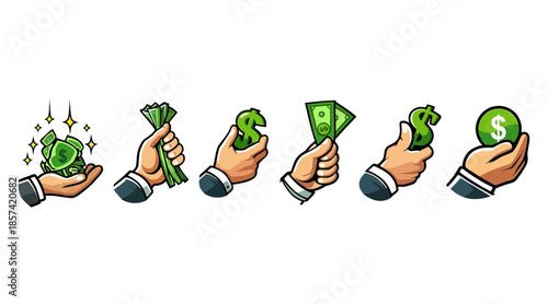 Illustrations of hands holding various forms of money and dollar symbols