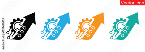 Dynamic gear icons with arrows in four colors representing business growth and technological advancement