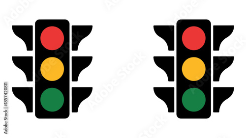 A simple iconographic representation of two traffic lights displaying red, yellow, and green signals simultaneously
