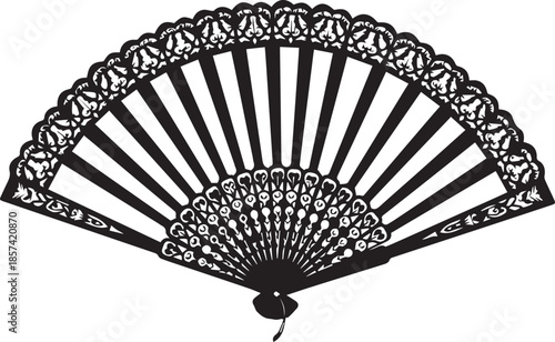 Elegant black silhouette of an open folding fan with intricate lace detail