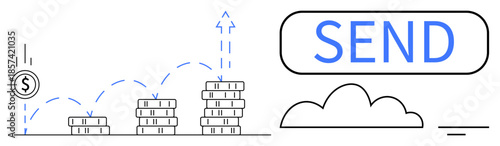 Money transfer concept. Digital financial processes through coin stacks, upward growth, and a send button. Money transfer for online payments, remittances, e-commerce. Usage fintech, banking apps