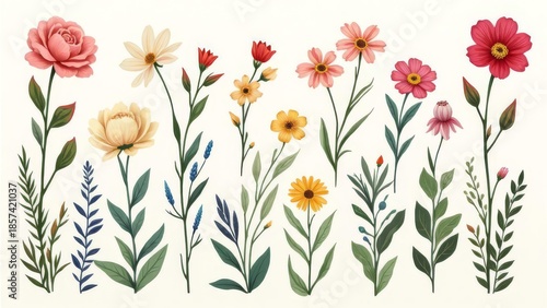 Wallpaper Mural Watercolor floral arrangement of various flowers and leaves on white background. Torontodigital.ca