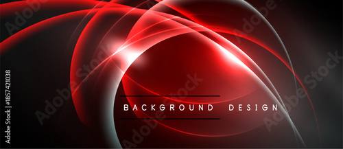Abstract red lines create dynamic flow. Dark background emphasizes bright curves, modern design elements present. Simple text labels bottom center.
