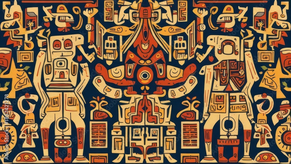 Obraz premium Stylized Humanoid Figures in a Traditional Peruvian Pattern.