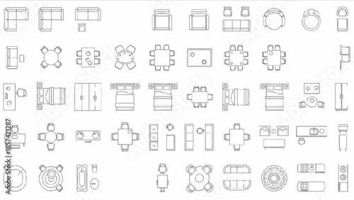 Furniture Outline Top View Icons Set Thin Line Floor Plan Symbols for Interior Design