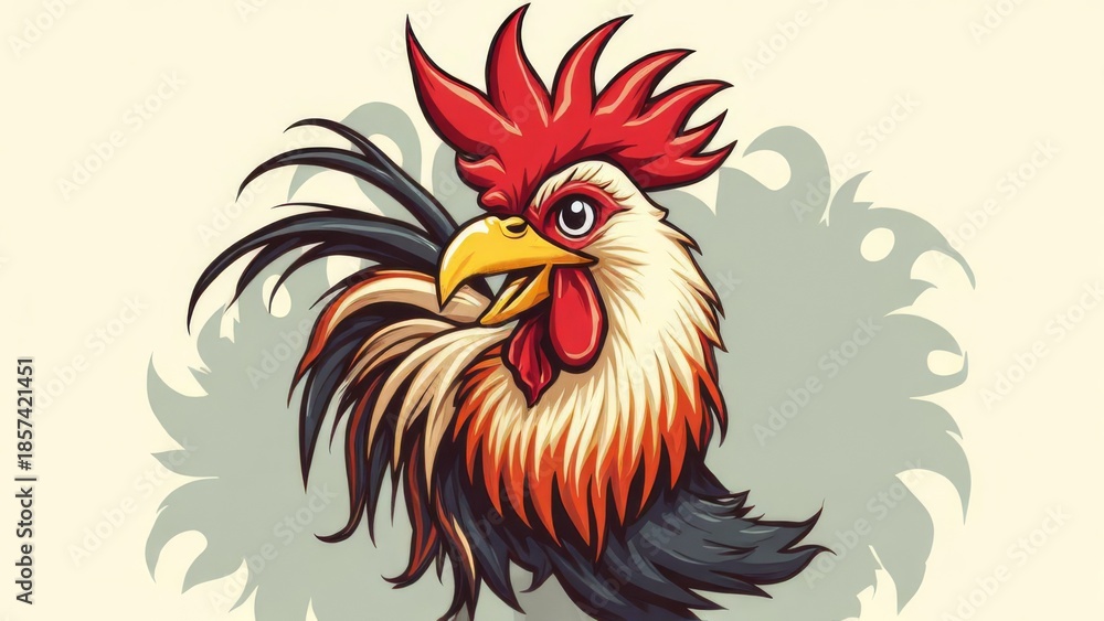 Fototapeta premium Vibrant Rooster Illustration with Detailed Plumage and Energetic Expression.