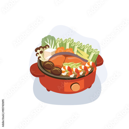 seafood hot pot with fresh vegetables, tofu and mushrooms, representing Japanese and Asian comfort food for seasonal cooking