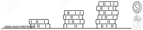 Stacked coins in increasing height symbolize financial growth alongside a brain icon representing ideas. Ideal for finance, investment, strategy, planning, success, education, and innovation. Simple