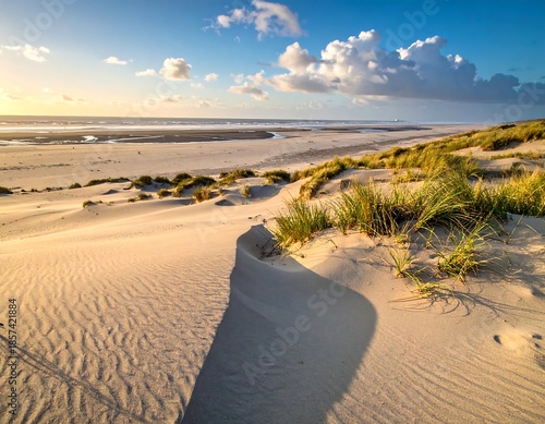 Sandy dune and shoreline on a sunlit day, with fluffy clouds