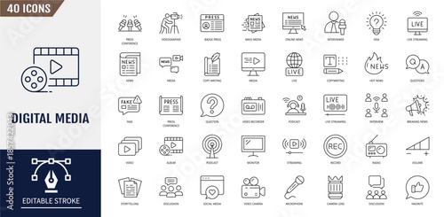 Digital media icon set. Journalist, news, microphone, interview, reporter, podcast, press badge, newspaper, radio and more. Vector illustration