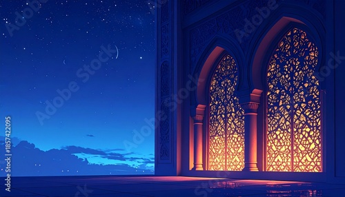 Exquisite Islamic architectural details illuminated by warm, gentle light against a deep blue twilight sky, creating a serene ambiance