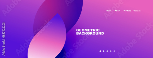 Abstract website header. Purple gradients form overlapping shapes. Navigation links present, dots indicate sections. Minimalist design.