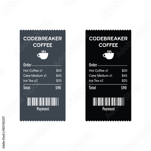 receipt design for coffee shop with barcode and order list in dark flat style