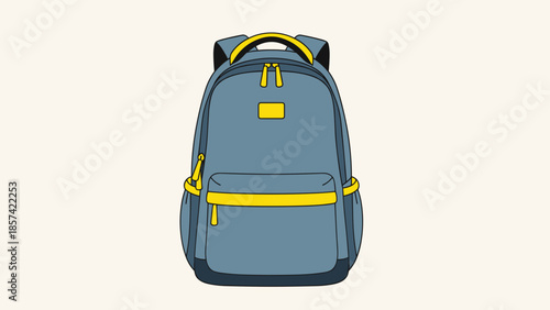 Blue Backpack with Yellow Accents and Zippers.