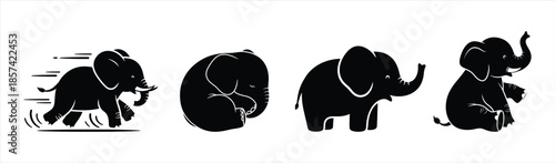 Illustrations of elephants in various poses and actions depicted in a minimalist style