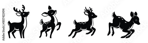 Silhouettes of reindeer and riders in various dynamic poses on a white background