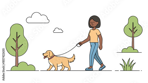 Woman walking dog outdoors in a serene park environment from a side viewpoint
