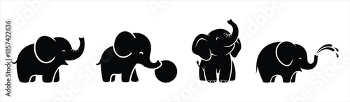 Four elephants in various playful poses illustrated in black silhouettes against a white background