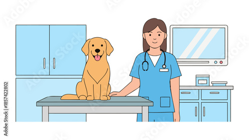 Veterinarian in blue scrubs examining a golden dog on an examination table in a modern clinic
