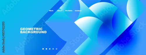 Abstract blue geometric background. Website header with navigation options present. Modern design, vibrant colors, clean aesthetic.