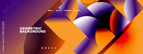 Abstract geometric design. Vibrant orange, purple hues dominate composition. Navigation menu present, dots indicate sections. Modern aesthetic.