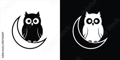 An owl perched on a crescent moon in a minimalist black and white illustration.