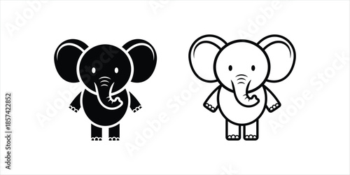 Simple black and white elephant illustrations standing side by side on a plain white background