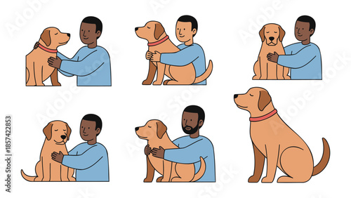 Illustration of a man grooming and cuddling a dog in various poses and interactions