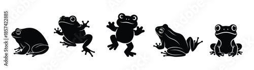 A collection of black silhouettes of frogs in various poses on a white background
