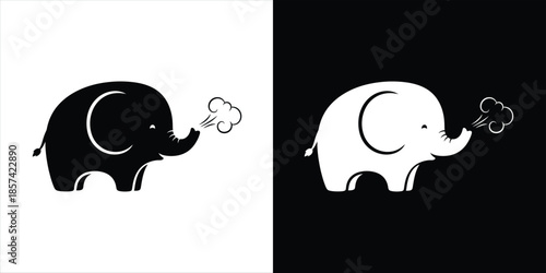 A black and white illustration of an elephant exhaling, contrasting on different backgrounds from a side view.